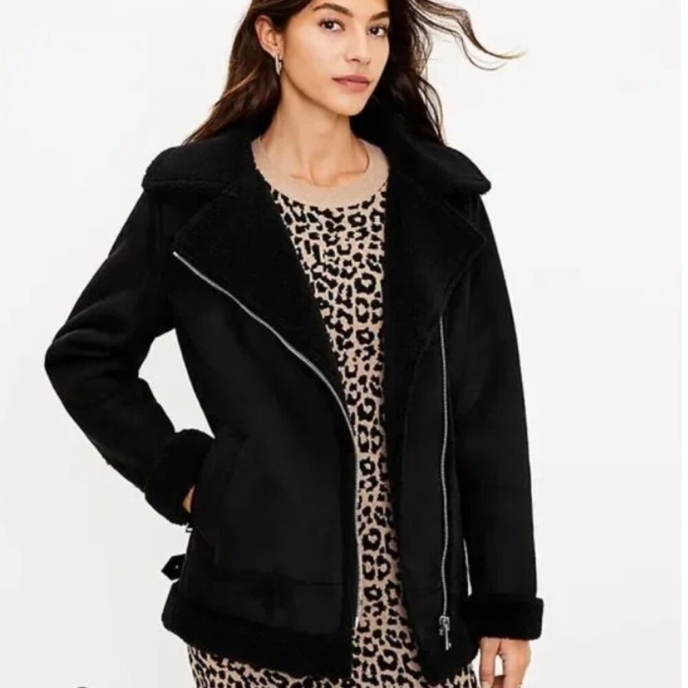 NEW NWT Loft Faux Suede Aviator Jacket sz Small Moto Biker Silver Details
